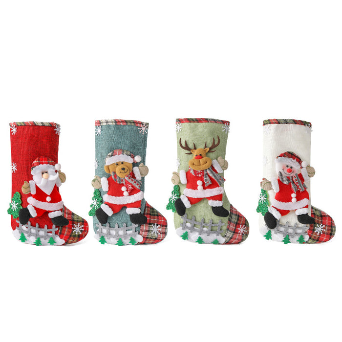 Wholesale  linen Large Christmas Stocking Fence Christmas Gift Bag Christmas Tree Hanging Candy Bag Decorations