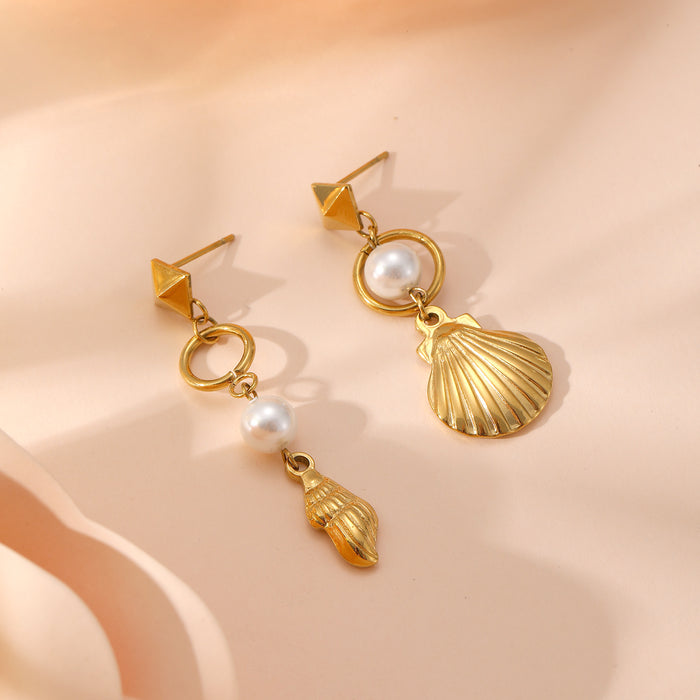 Wholesale Shell stainless steel earrings with pearl triple layered earrings