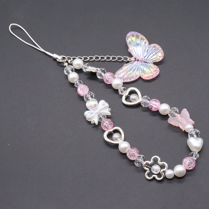 Wholesale Dopamine Crystal Pink Butterfly Mobile Phone Chain Sweet Long Mobile Phone Lanyard Keychain