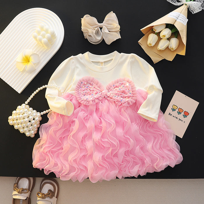 Wholesale Autumn Pink Mesh Round Neck Children's Dress JDC-CTS-MianY020