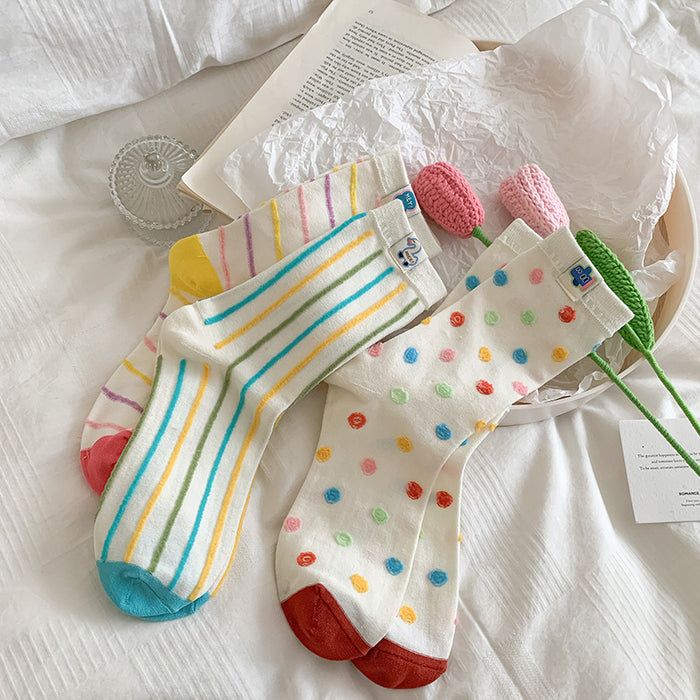 Wholesale Colorful fabric label socks, mid tube socks, polka dot striped sports and casual socks