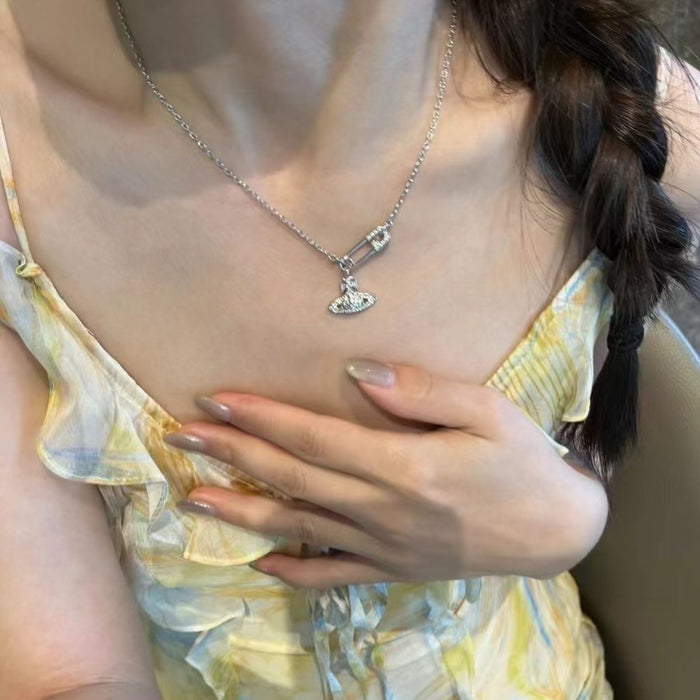 Wholesale Full diamond pin chain Saturn necklace women's paperclip collarbone chain