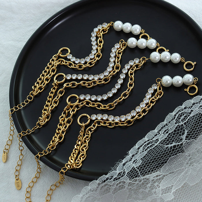 Wholesale Cold style light luxury fashion trend imitation pearl zircon bracelet titanium steel