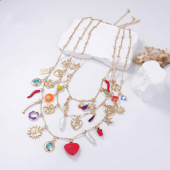 Wholesale drop oil red love alloy sunflower pendant multi-layered necklace