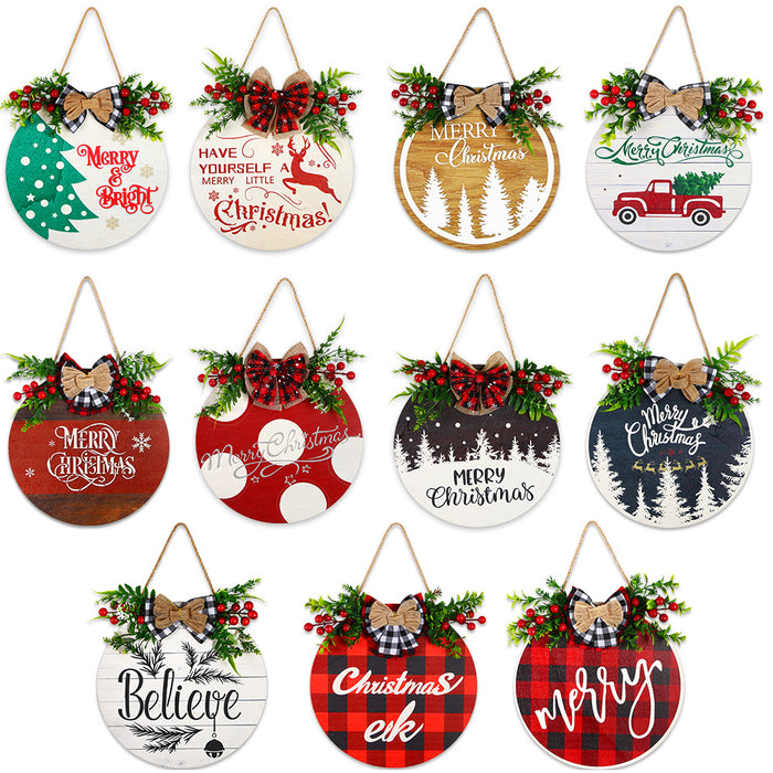 Wholesale Christmas wooden door hanging Christmas home decoration simulation grass bow welcome wooden sign