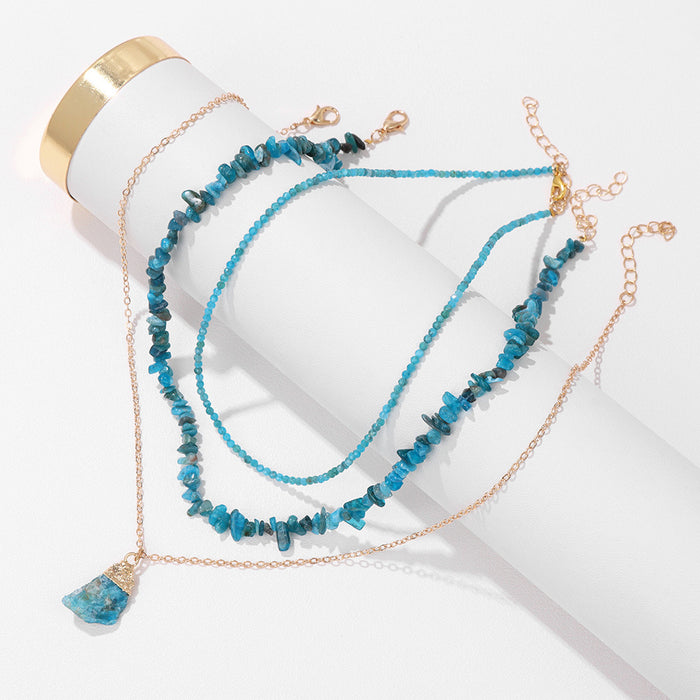 Wholesale Natural stone bead necklace with natural raw stone pendant three-layered design