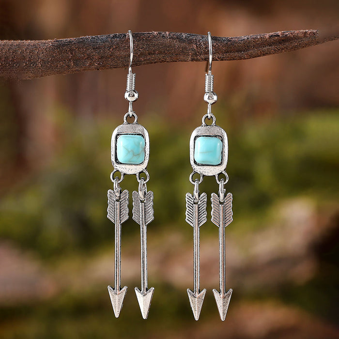 Wholesale Old silver irregular turquoise pendant feather arrow earrings creative retro earrings
