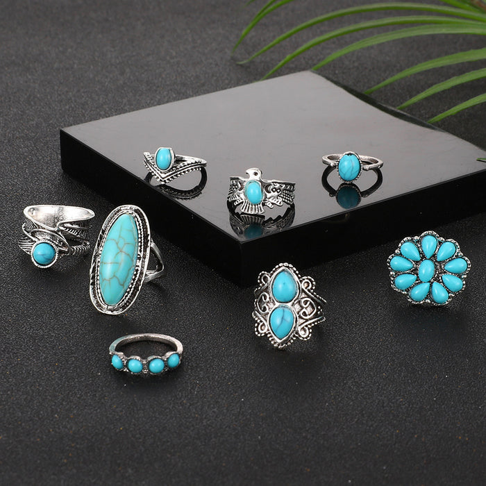 Wholesale 2pcs Bohemian style turquoise 8 suit ring set