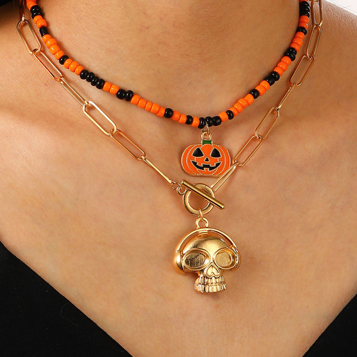 Wholesale Gothic  Skull Rice Bead Necklace Pumpkin Skull  Dark Wind Skull Pendant