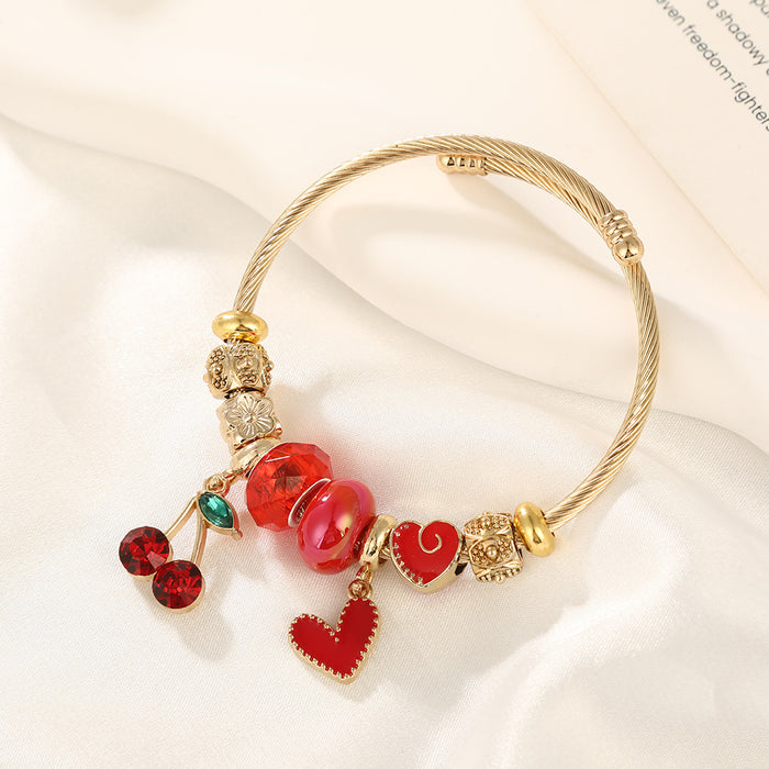 Wholesale Sweet Cherry Heart Bead Bracelet Women' s Stainless Steel Adjustable MOQ≥2