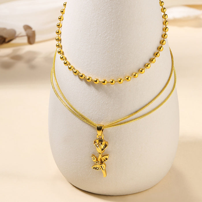 Wholesale Exaggerated jewelry, fashionable rose flower pendant, high-end feeling bead chain, two-layer necklace jewelry
