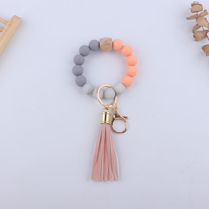 Wholesale Silicone Leather PU Short Tassel DIY Leopard Beaded Bracelet Keychains JDC-KC-GuangTian046