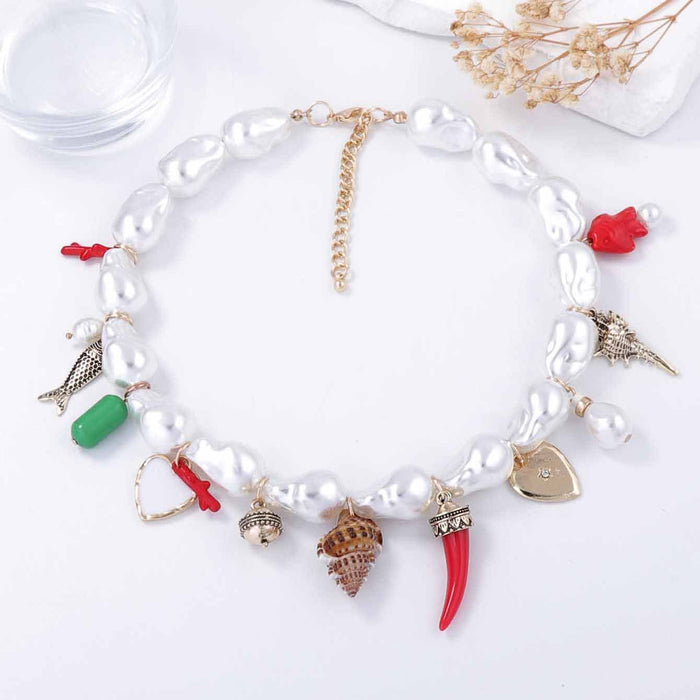 Wholesale imitation pearl alloy love ceramic small fish conch women's necklace