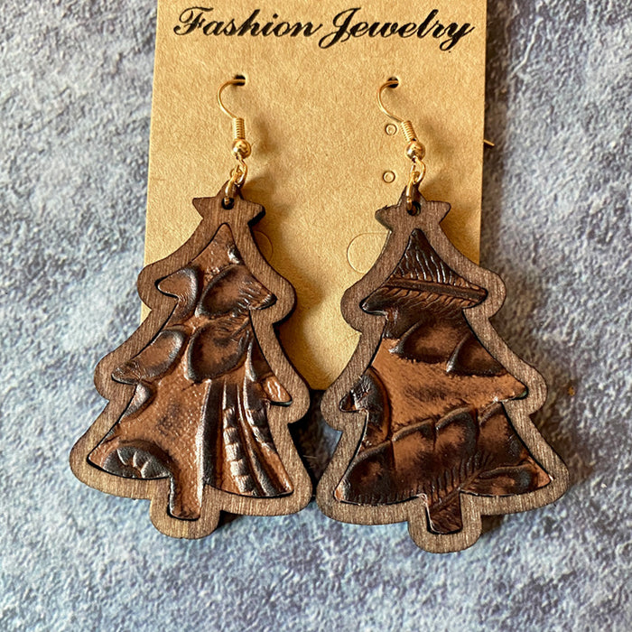 Wholesale Retro Leather Earrings Cowhide Embossed Wood Earrings