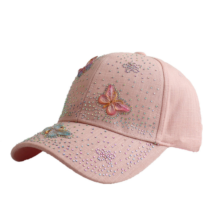 Wholesale Butterfly-studded rhinestone linen baseball cap for outdoor use