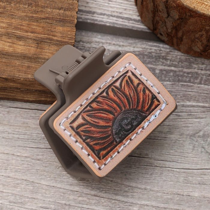 Wholesale Western Style Sunflower Cactus Poker Pattern Leather Hairclip Grab Clip Combination suit Women Shark Clip