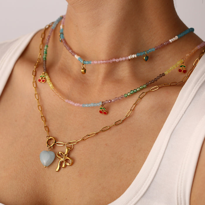 Wholesale Personalized stainless steel cherry necklace with bow pendant, natural stone heart necklace wholesale