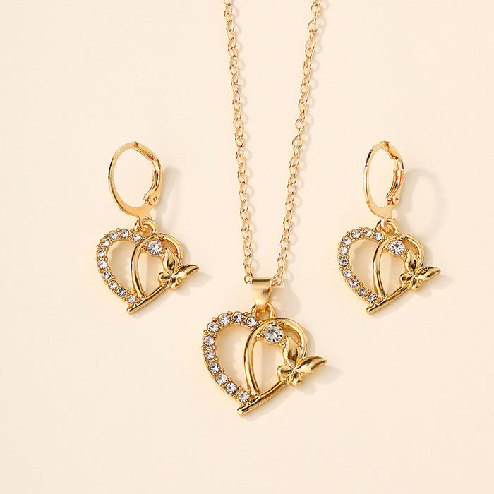 Wholesale New Jewelry Fashion Diamond Heart Earrings Versatile Alloy Butterfly Pendant Necklace Earring Set