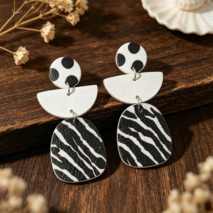 Wholesale Geometric Zebra Print Leather Long Earrings Black White Fashion Jewelry Accessory
