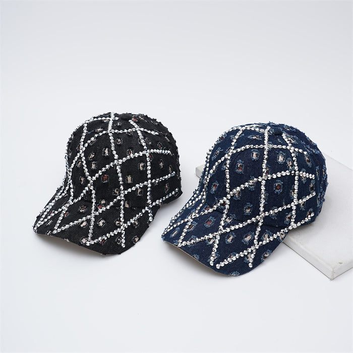 Wholesale Broken hole washed denim cap, dot diamond baseball cap, retro duckbill cap