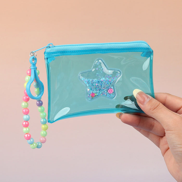 Wholesale PVC Star Macaroon Clear Zip Coin Purse Pink Bead Chain Multi Use Card Holder Earphone Bag Trendy