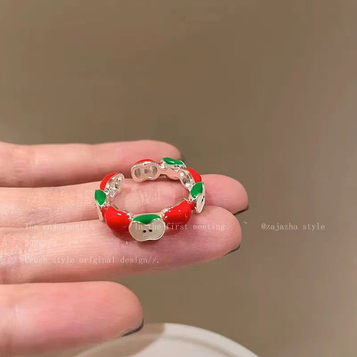 Wholesale Sweet and lovely sliced red and green apple ring, niche design, personalized and versatile ring