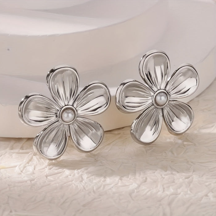 Wholesale Stainless Steel Pearl Earrings Lilac Stereo Earrings Titanium Steel Jewelry