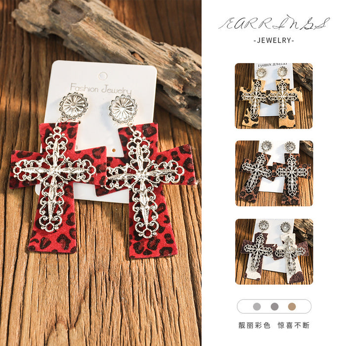 Wholesale Leather leopard print cross earrings niche design retro ing earrings