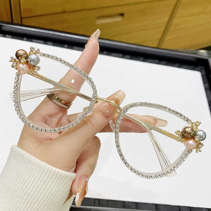 Wholesale Flat lens anti blue light large frame inlaid with diamonds and pearls, elegant and fashionable high-end frame glasses