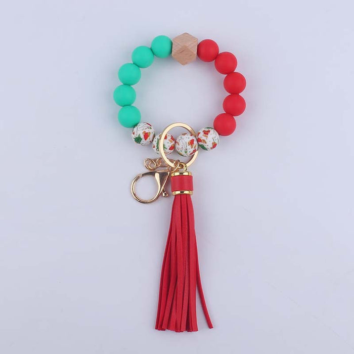 Wholesale Silicone leopard beads wrist keychain pendant leather PU tassel beaded bracelet accessories