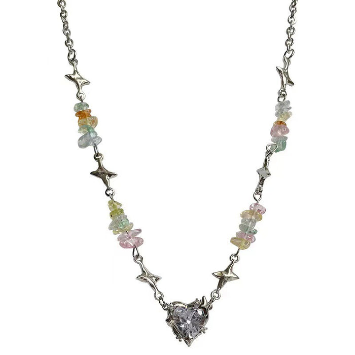Wholesale Colorful crushed stone heart necklace, light luxury niche collarbone chain accessory