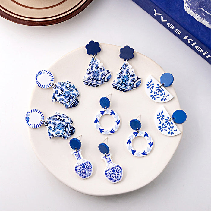 Wholesale Blue and White Porcelain Fragment Acrylic Earrings JDC-ES-MDD098