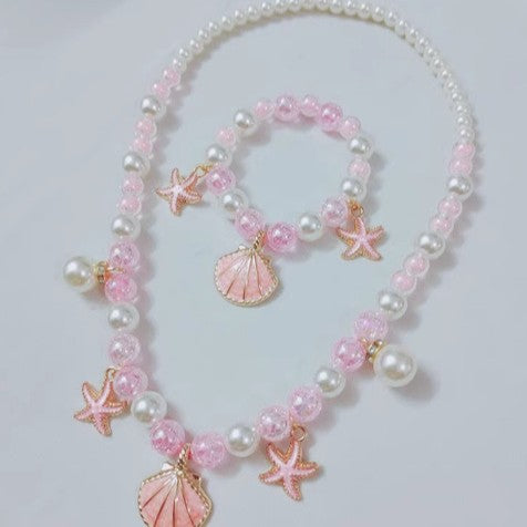 Wholesale children princess bow shell pearl necklace suit