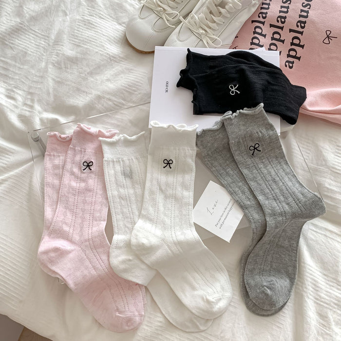 Wholesale Socks Embroidered Bow Middle Tube Hollow Stacked Long Tube Socks