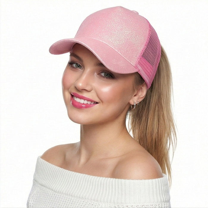 Wholesale Trendy Sequined Dacron Baseball Cap with Ponytail Hole - Breathable Mesh Sun Hat for Summer Outdoor Use