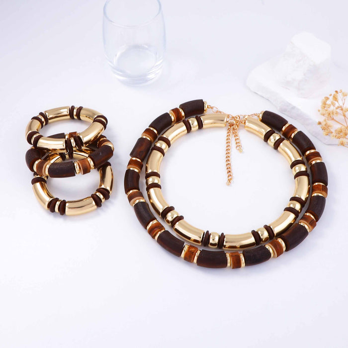 Wholesale Double-layer Stacked Wooden Necklace Bracelet suit All-match Women's Jewelry