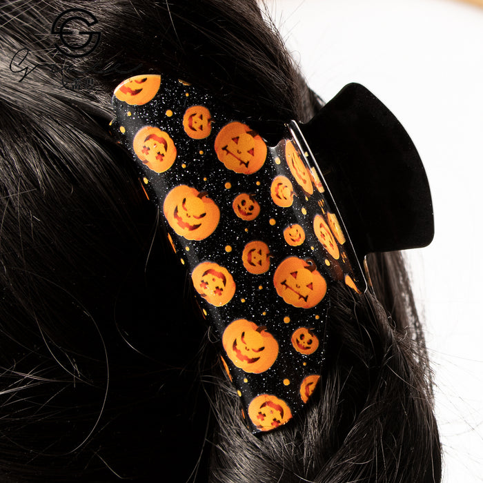 Wholesale Acrylic Claw Hair Clip With Bat Pumpkin Ghost Print Women S Fashion Accessory