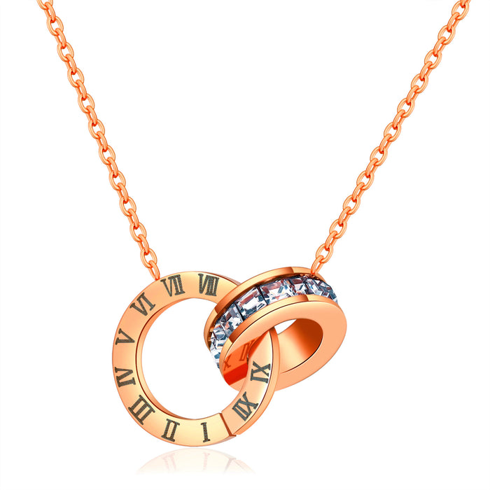 Wholesale 2pcs Titanium Steel Rose Gold Roman Double Ring Number Necklace JDC-NE-XinLong015