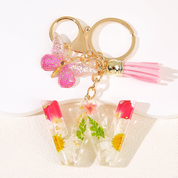 Wholesale Glue Dried Flower English 26 Letter Keychain Daisy Petal Letter Keychain  Pendant