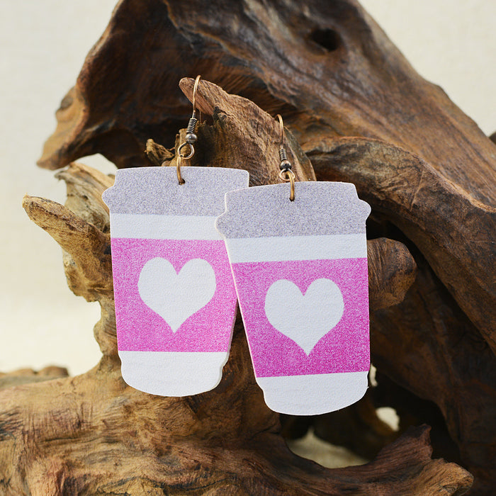 Wholesale Valentine's Day Coffee Cup Milk Tea Cup LOVE Flower Zebra Pattern Leather Earrings JDC-ES-ChenC016