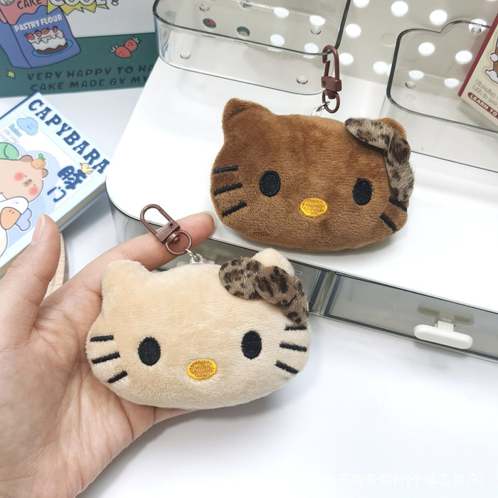 Wholesale Cute Leopard Print Cat Squeaks Pendant Black Leather Plush Brooch Brown Cat Keychain Bag Decoration Accessories