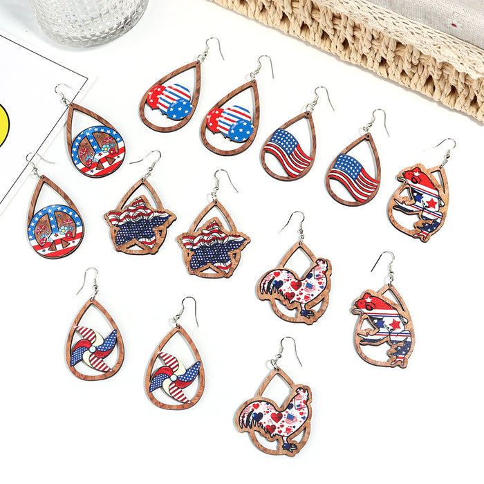 Wholesale Independence Day American Flag Color Wooden Print Drop Shape Earrings JDC-ES-ZiT001