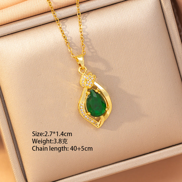 Wholesale Geometric Copper Inlaid Zircon Pendant Necklace Gold Plated Titanium Steel Layering Jewelry MOQ≥2