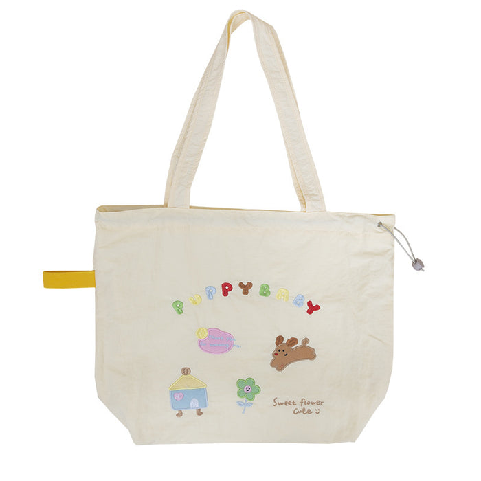 Wholesale New cute cartoon embroidered drawstring shoulder bag, fashionable and simple canvas bag, large capacity tote bag