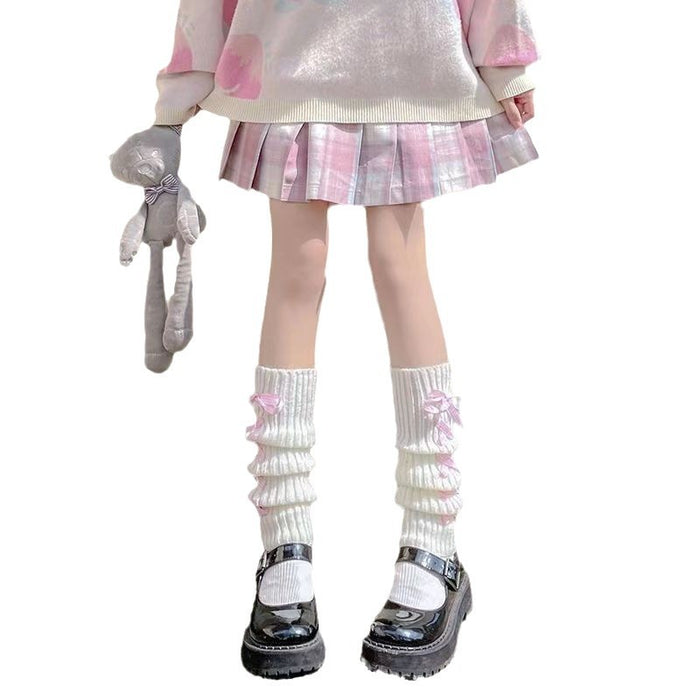 Wholesale Cross tie sock covers, mid tube knitted butterfly leg covers, white stacked socks