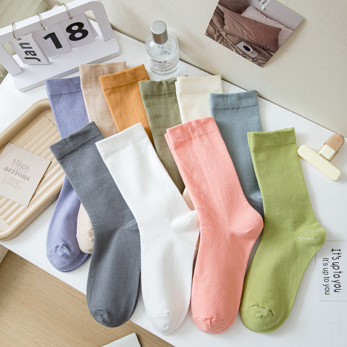 Wholesale White mid length socks made of pure cotton, high cut, and elastic, long socks that absorb sweat and pile up socks