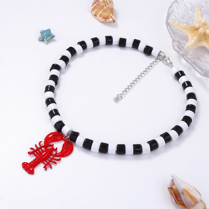 Wholesale Alloy Oil Dripping Lobster Pendant Women's Black and White Beaded Necklace