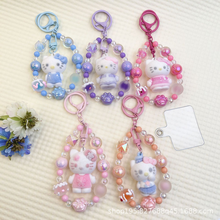 Wholesale Flocked kitten fun girly colorful beaded mobile phone chain keychain bag doll pendant accessories