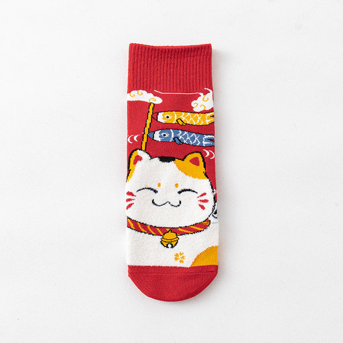 Wholesale Socks for men and women mid-tube socks cotton bottom festive red stockings new year gift lucky cat socks