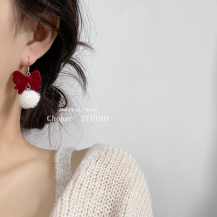 Wholesale Wine red flocking bowknot fur ball earrings for women sweet ear clip